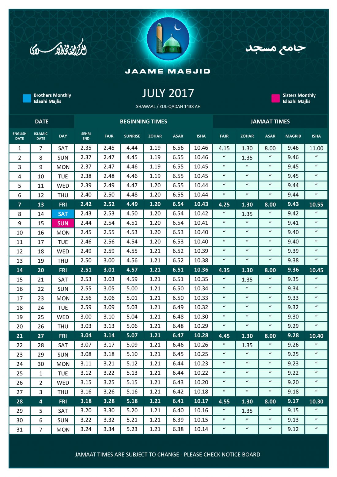 Prayer Timings Copy - Jaame Masjid